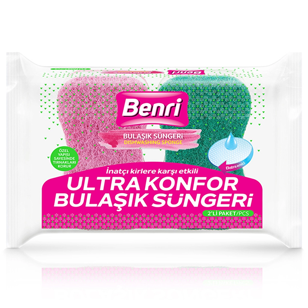 Benri Ultra Comfort Dish Sponge 2-Pack - Stain-Fighting Power