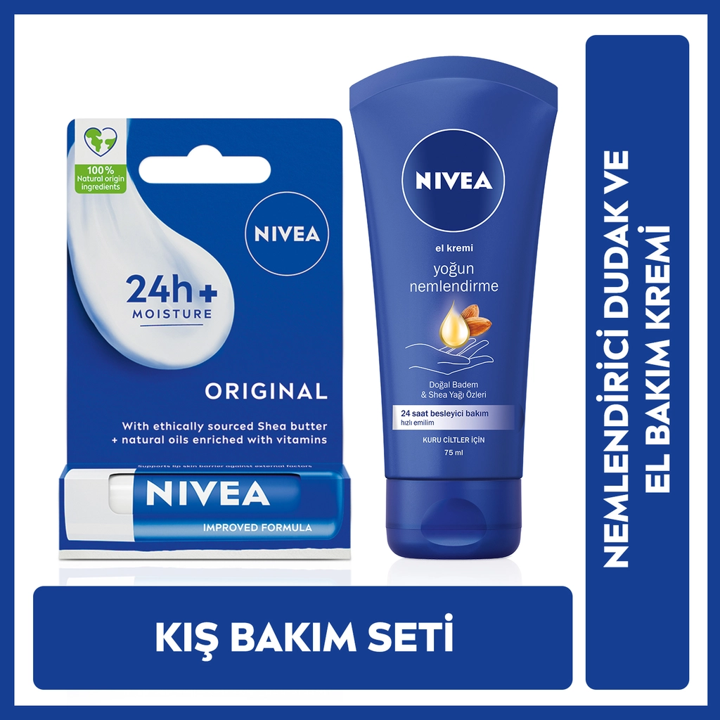 Nivea Original Care Lip Care Cream 4.8gr and Intensive Moisturizing Hand Care Cream Duo Set 4.8gr + 75ml