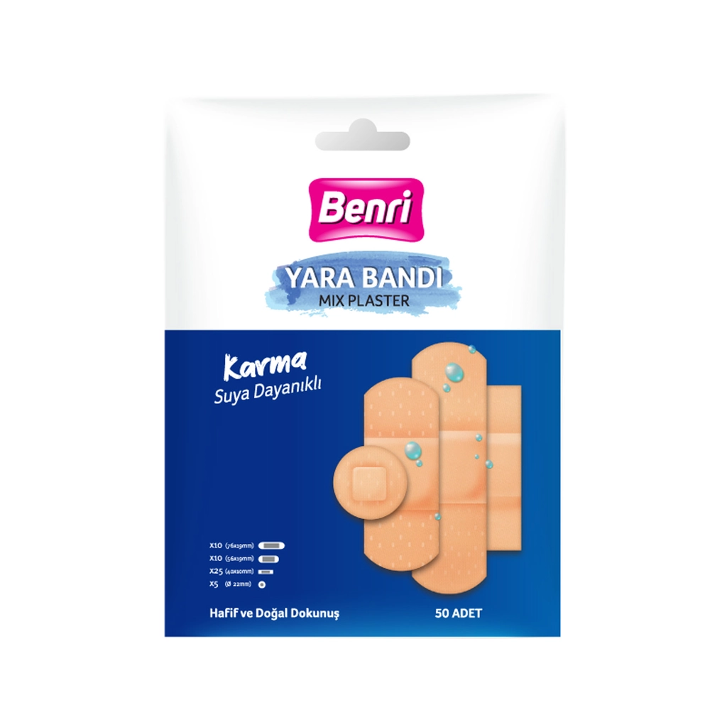 Benri Mixed Band-Aids 50 pcs - Latex-Free, Multi-Size Protection