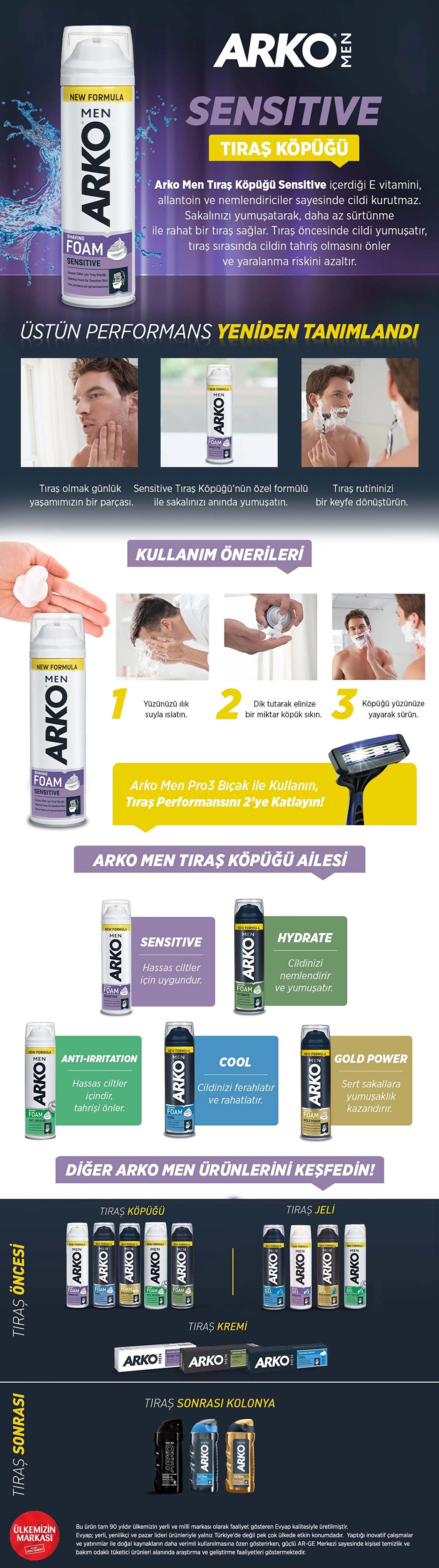 Пена для бритья Arko Men Sensitive 200 мл - с алоэ вера и лавандой