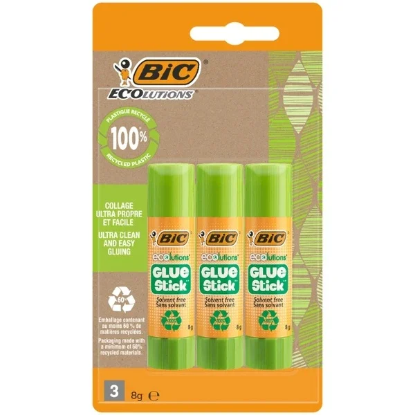 BIC ECOlutions 8g Glue Stick 3-Pack - Eco-Friendly Adhesive