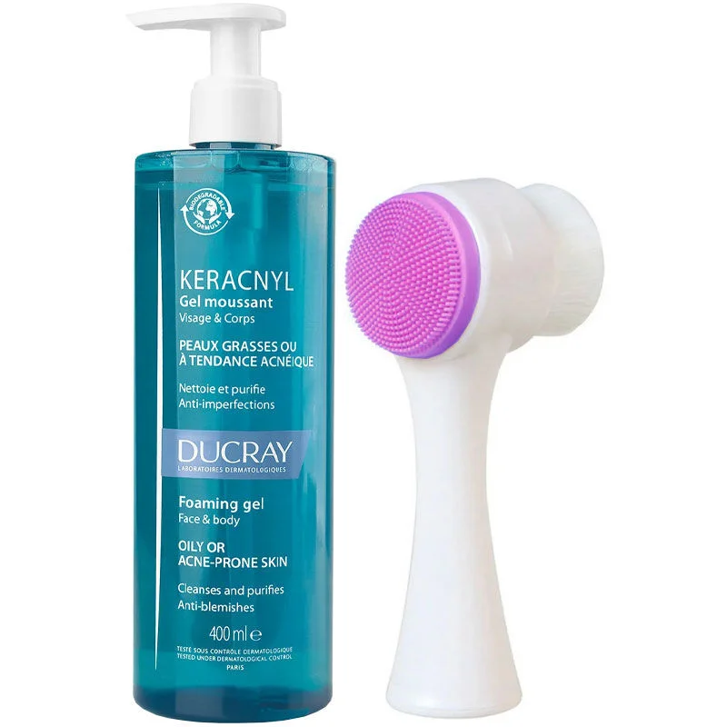 Ducray Keracnyl Oily Skin Cleansing Gel 400 ml + Skin Cleansing Brush Gift