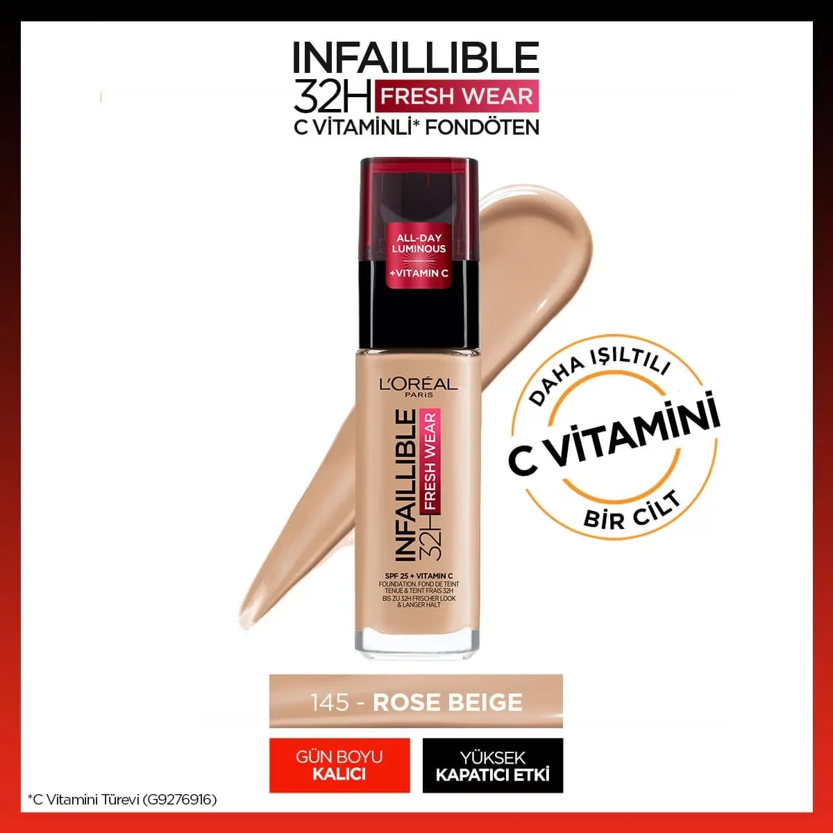 L'Oreal Paris كريم أساس لوريال باريس إنفاليبل بفيتامين سي يدوم 32 ساعة، لون بيج وردي، 145
