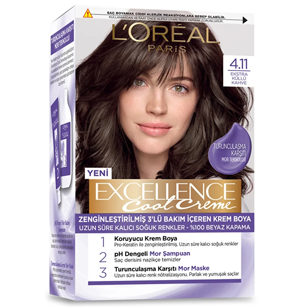 L'Oreal Paris صبغة شعر لوريال باريس إكسلنس كول كريم 4.11 بني رمادي إضافي