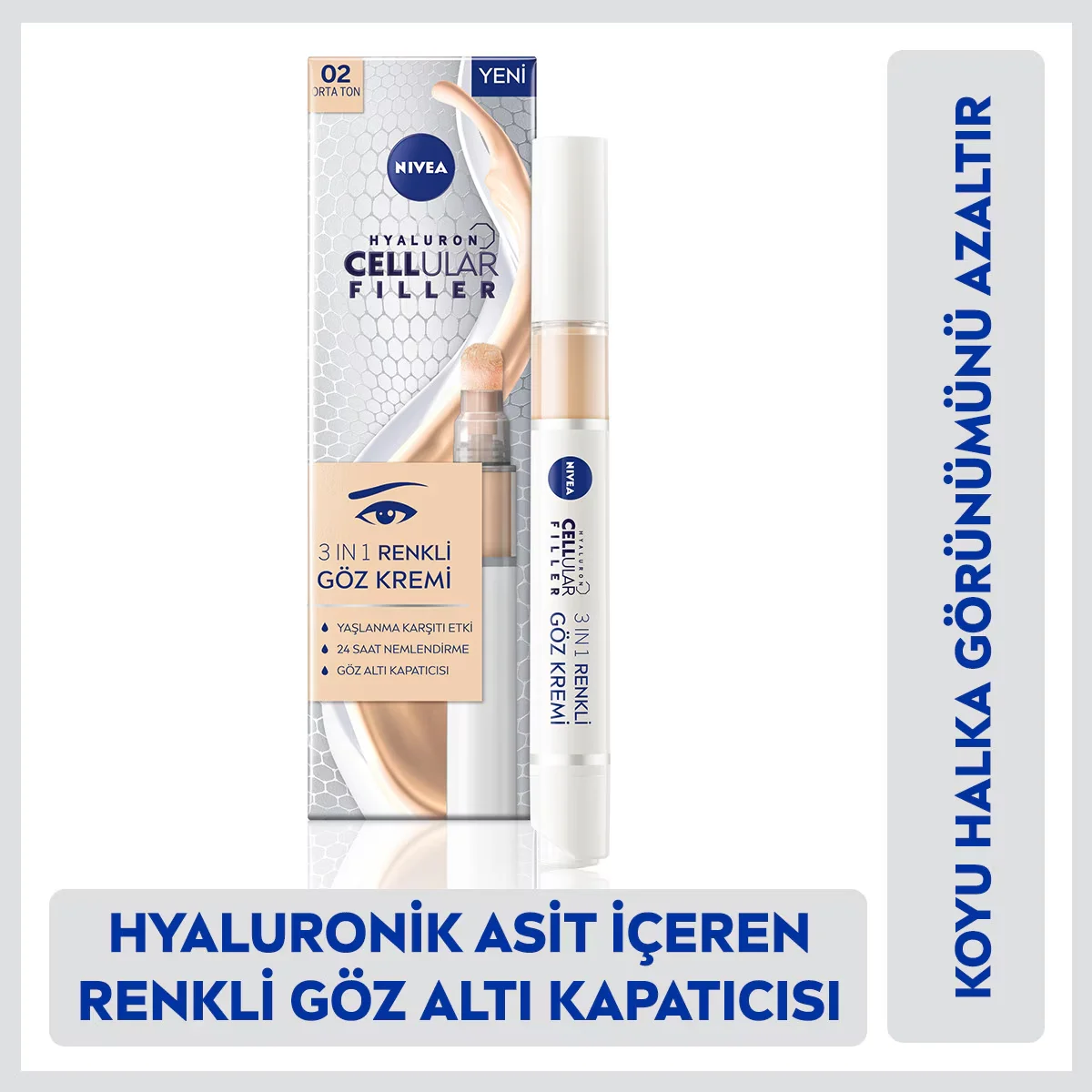 Крем для ухода за кожей вокруг глаз Nivea для маскировки темных кругов с гиалуроном, 15 мл, средний тон