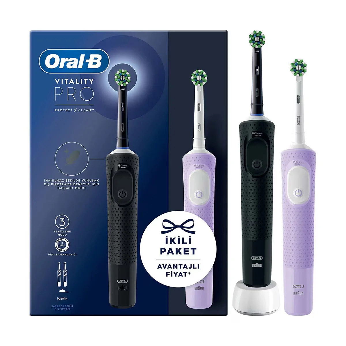 Oral-b Rechargeable/electric Toothbrush Vitality Pro 2-pack Black&lilac Advantage Pack