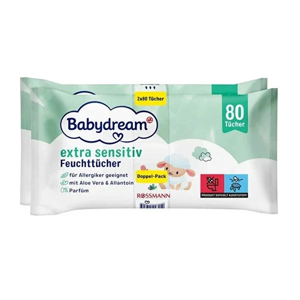 Babydream Baby Wet Wipes Very Sensitive Skin, Aloe Vera 2*80pcs