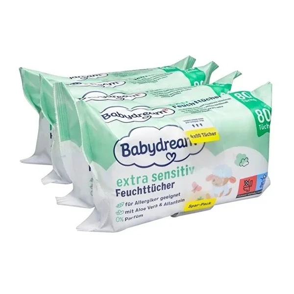 Babydream Baby Wet Wipes Very Sensitive Skin, Aloe Vera 4x80 pcs