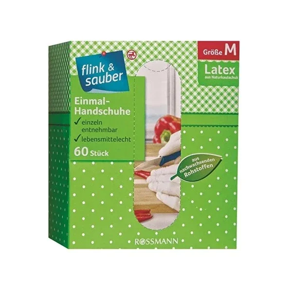 Flink & Sauber 60-Pack Latex Disposable Gloves - Non-Slip, Tear-Resistant