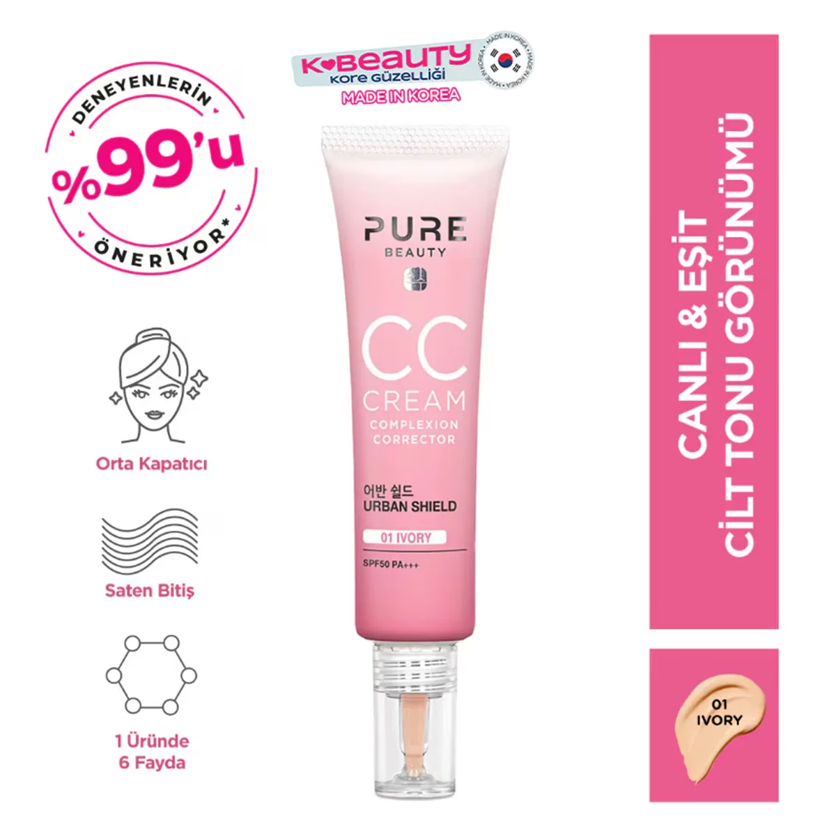 Pure Beauty CC Cream SPF50 PA+++ - Elfenbein, 30ml - Glow & Protect
