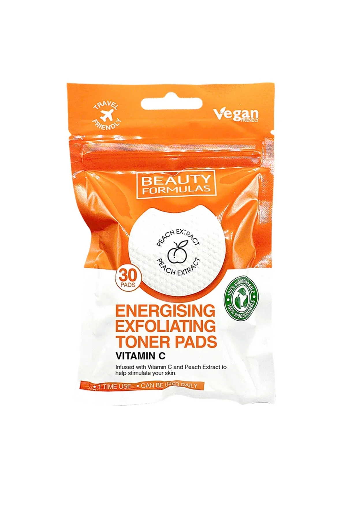Beauty Formulas Exfoliating Toner Cotton Pads with Vitamin C and Peach Extract, 30 Pieces