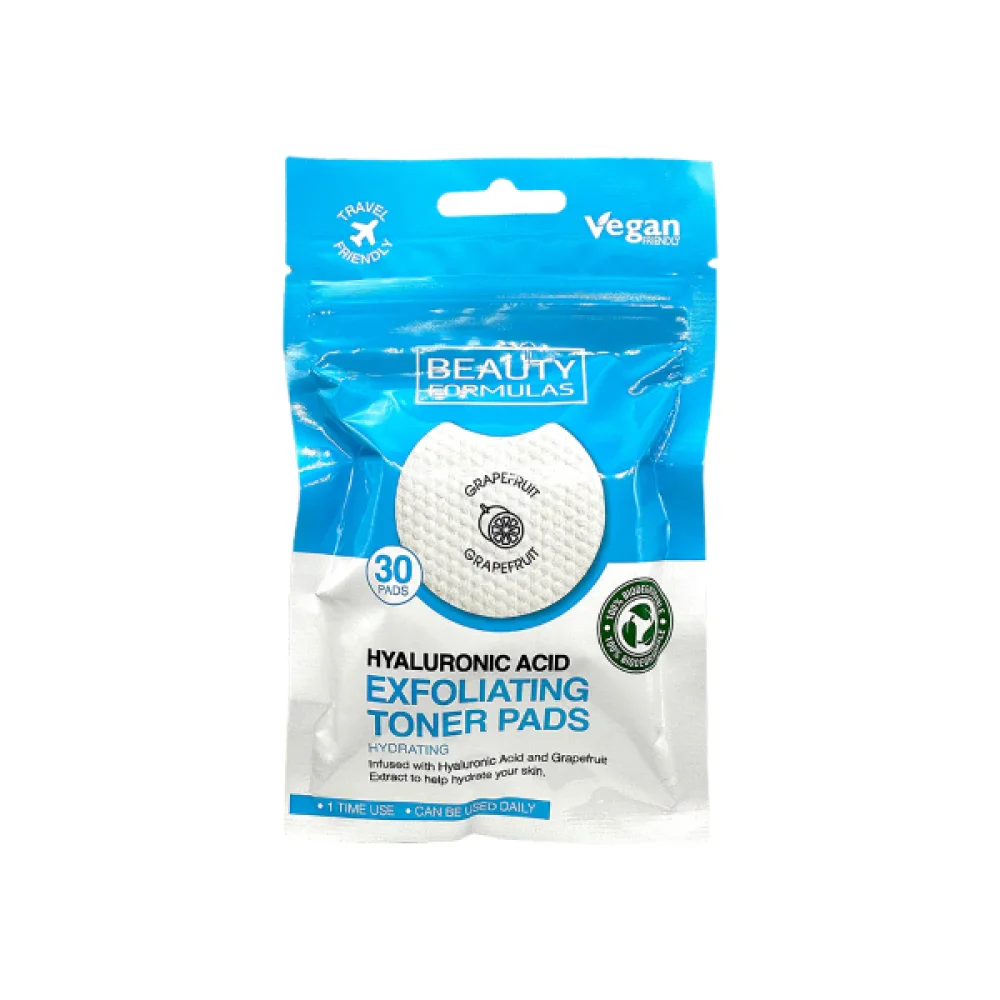 Beauty Formulas Exfoliating Toner Cotton Pads with Hyaluronic Acid and Grapefruit, 30 Pieces