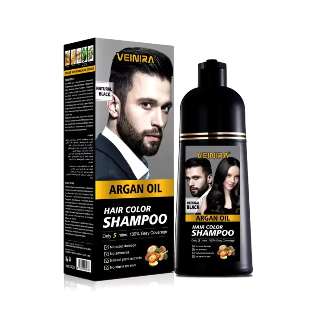 Venera 3-in-1 Natural Black Hair Dye Shampoo with Argan Oil and Aloe Vera, 400 ml