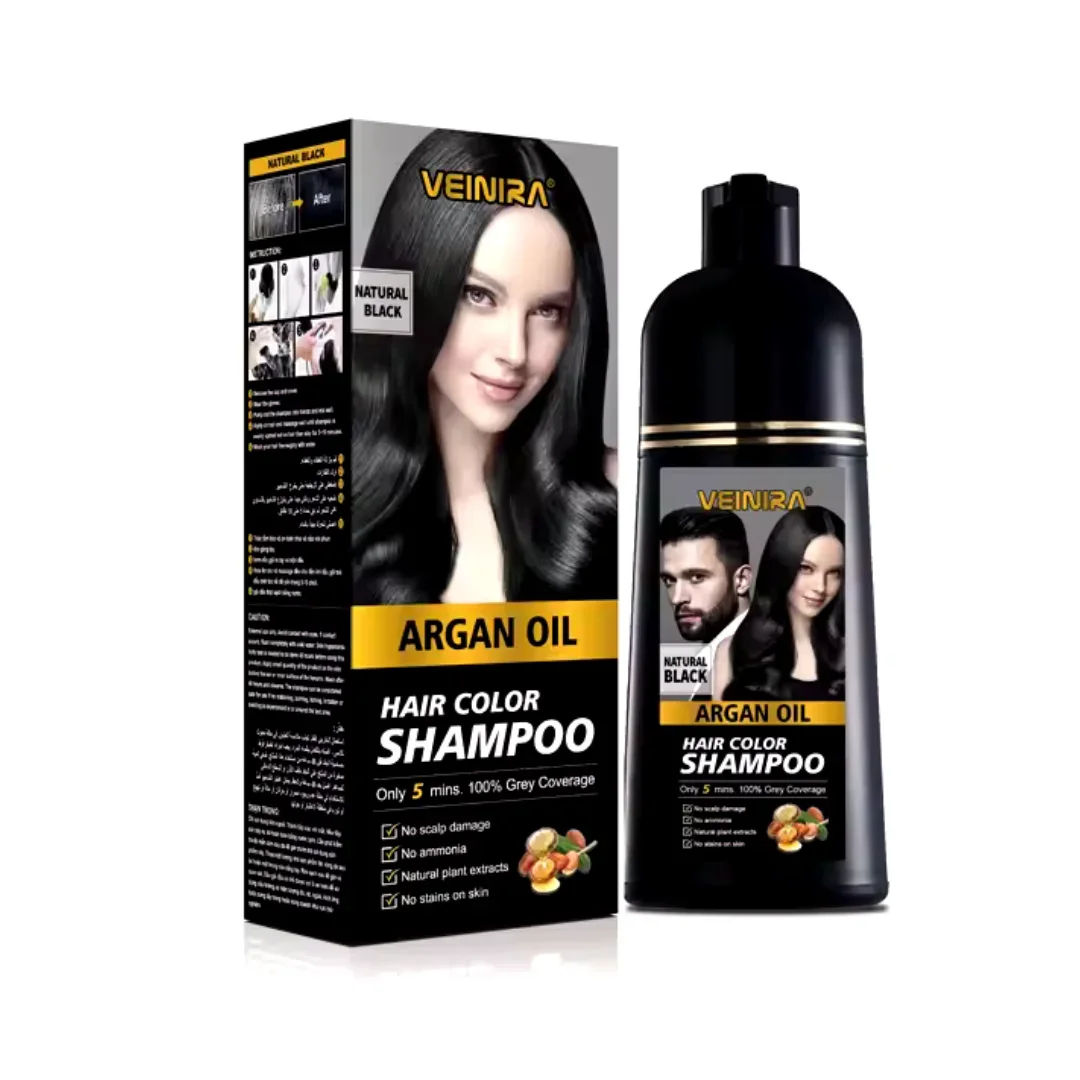 Venera 3-in-1 Natural Black Hair Dye Shampoo with Argan Oil and Aloe Vera, 400 ml