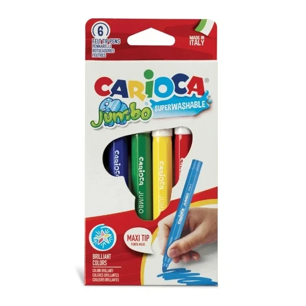 Carioca Jumbo Super Washable Felt Tip Crayons, 6-Pack
