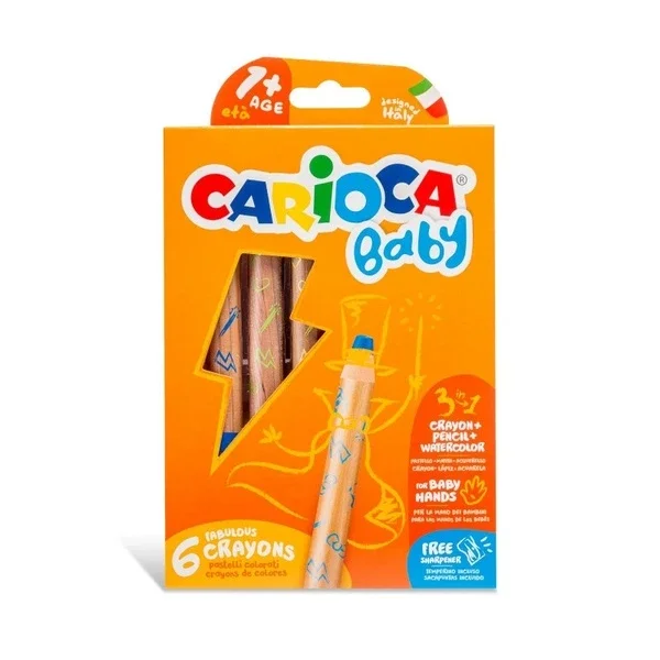 Carioca Jumbo 3-in-1 Baby Crayons Set with Sharpener, 6 Colors