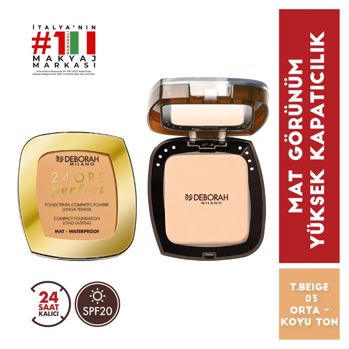 Deborah 24Ore Langzeit-Compact-Puder T.Beige 03 SPF 20