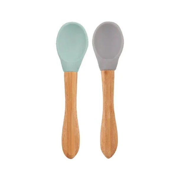 Oioi Bamboo Handle Baby Feeding Spoon 9 Months+ Aqua Green - Grey