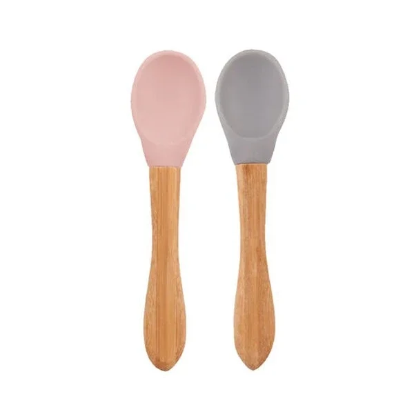 Oioi Bamboo Handle Baby Feeding Spoon 9 Months+ Pink - Grey