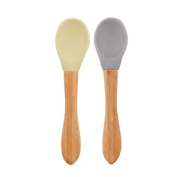 Oioi Bamboo Handle Baby Feeding Spoon 9 Months+ Yellow - Grey