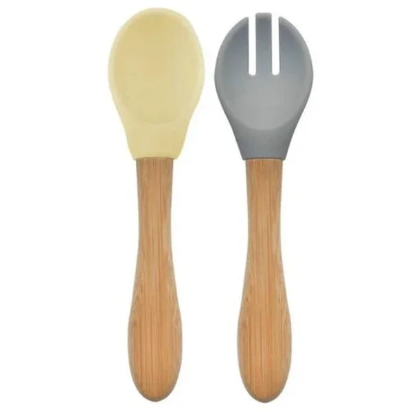 Oioi Bamboo Handle Silicone Spoon And Fork 9 Months + Mellow Yellow - Powder Gray