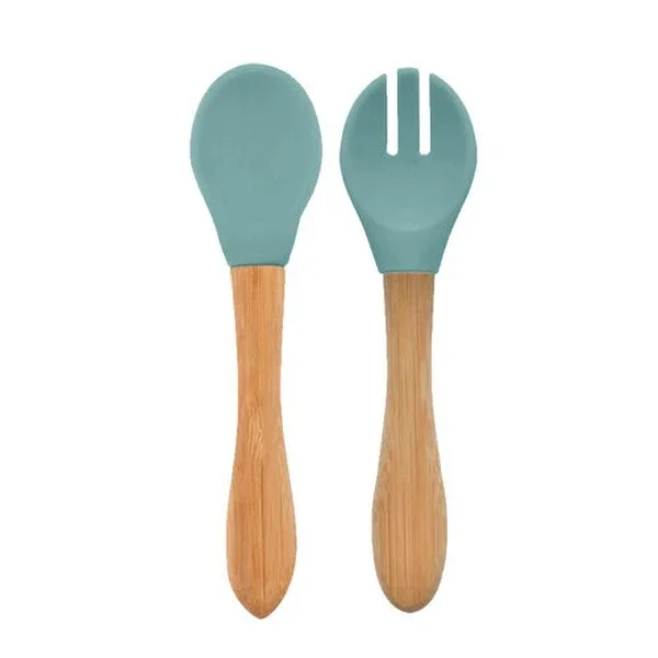 Oioi Bamboo Handle Silicone Spoon And Fork 9 Months + Aqua Green
