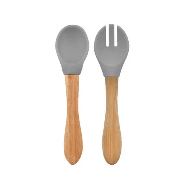 Oioi Bamboo Handle Silicone Spoon And Fork 9 Months + Powder Grey