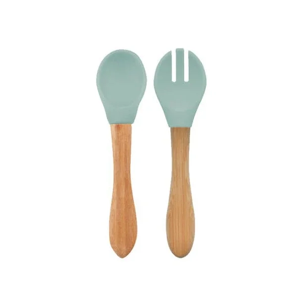 Oioi Bamboo Handle Silicone Spoon And Fork 9 Months + River Green