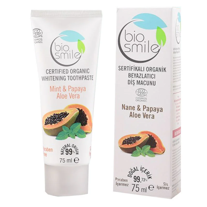 Biosmile Ecocert Organic Certified Whitening Toothpaste, Mint &amp; Papaya Extract 75 ml