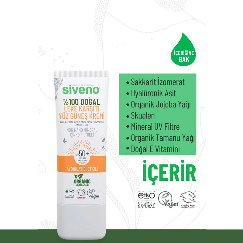 Siveno Natürliche Sonnencreme SPF 50 für das Gesicht - Fleckenreduzierend 30ml