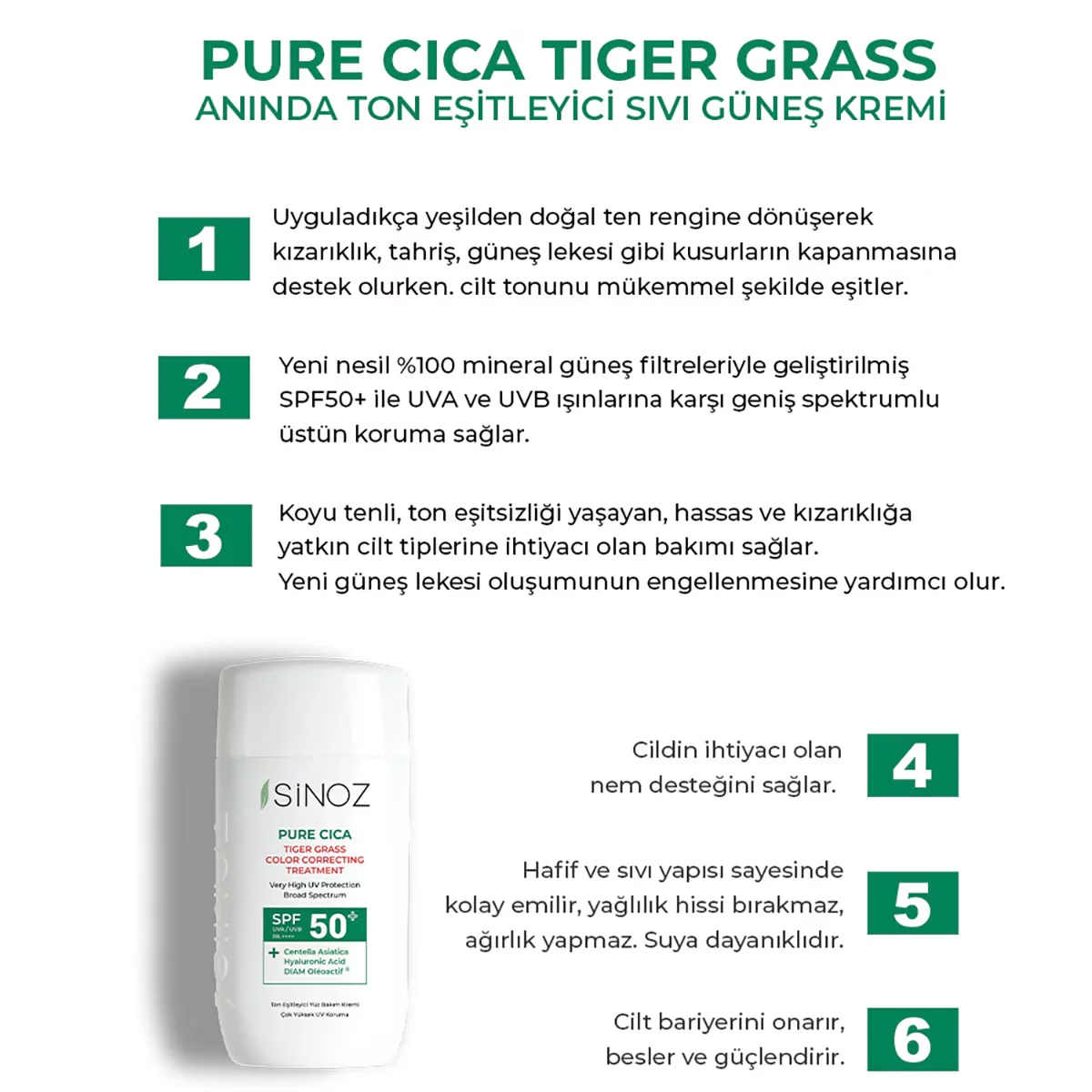 Sinoz Pure Cica Spf50+ Tone Equalizing Liquid Face Sun Cream 50 ml