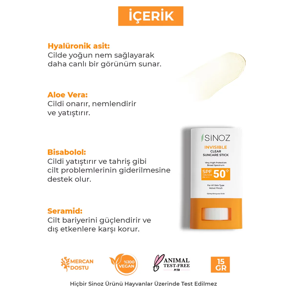 Солнцезащитный крем-стик Sinoz SPF50+ Увлажняющий - 15г Высокая защита
