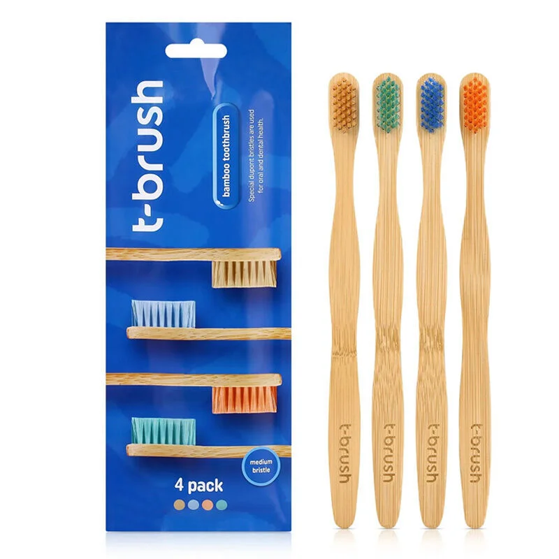 فرشاة أسنان خشبية متوسطة الصلابة 4 قطع من تي-براش T-Brush
