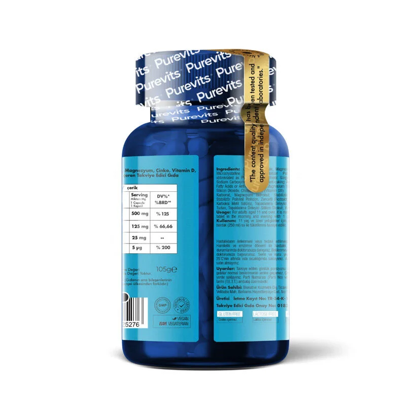 Purevits Calcium Magnesium Zink + Vitamin D Nahrungsergänzung 60 Kapseln