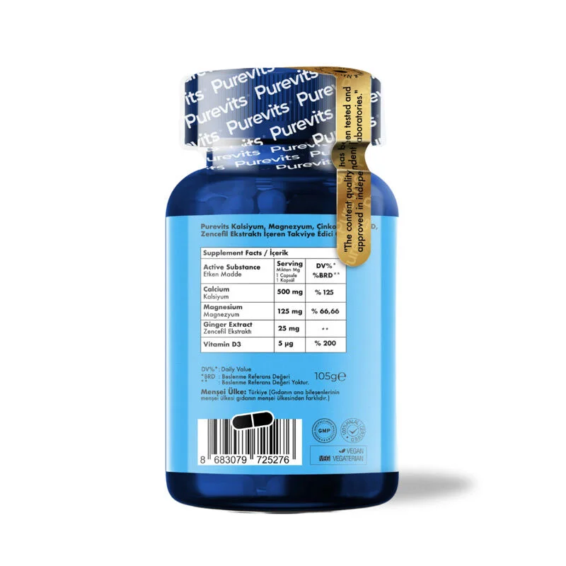 Purevits Calcium Magnesium Zink + Vitamin D Nahrungsergänzung 60 Kapseln