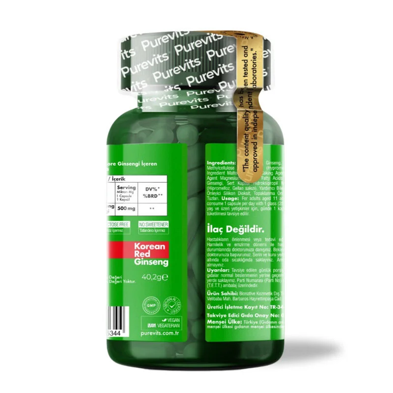 Purevits Korea Red Ginseng 500 mg Food Supplement 60 vegan Capsules