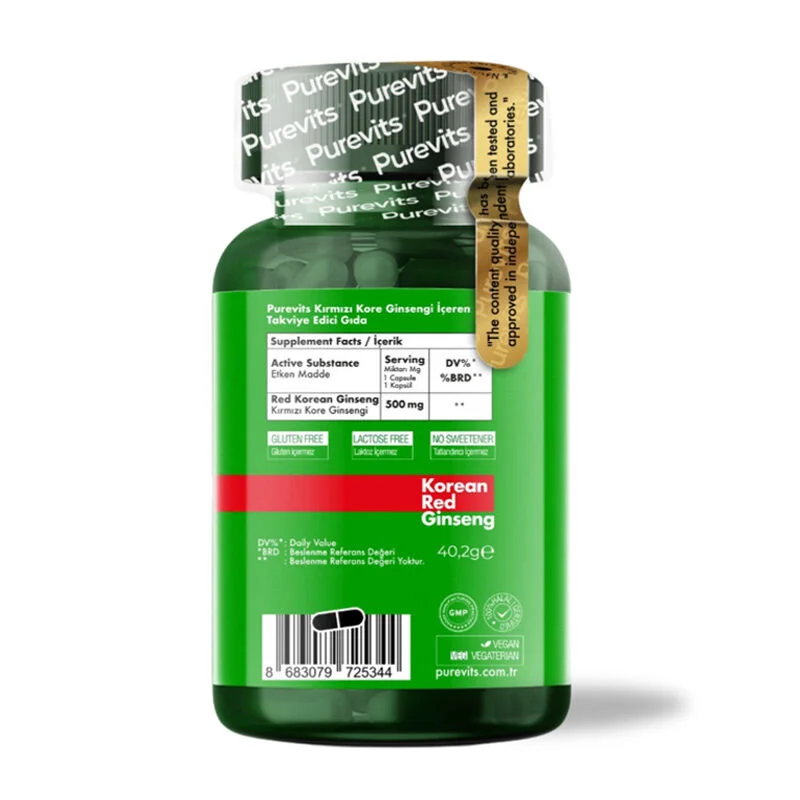 Purevits Roter Ginseng 500mg - 60 Vegane Kapseln