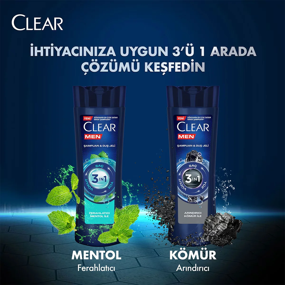 Clear شامبو وجل استحمام 3 في 1 من كلير مين برائحة المنثول المنعشة للشعر والوجه والجسم 350 مل