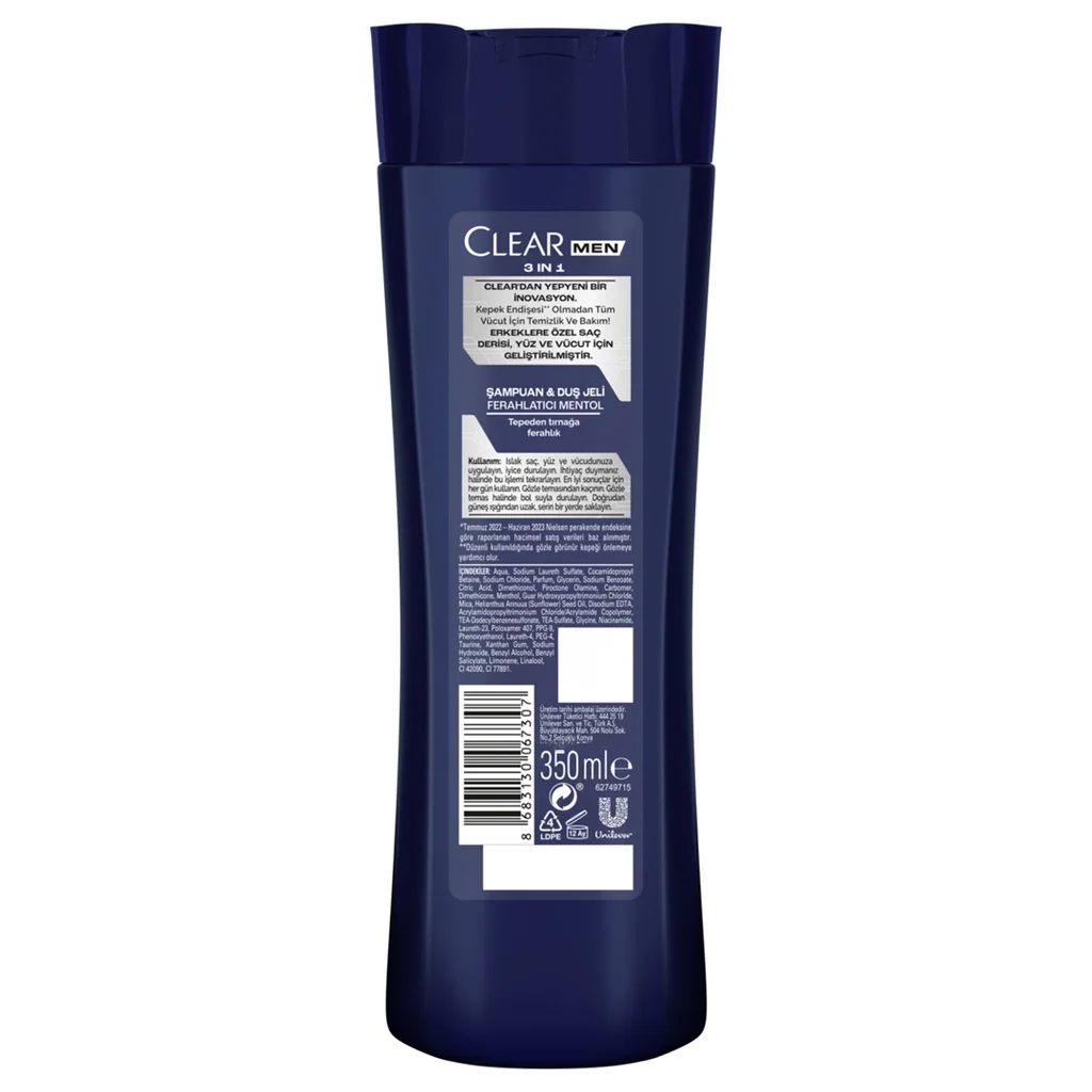 Шампунь и гель для душа Clear Men 3 в 1 Освежающий ментол 350 мл