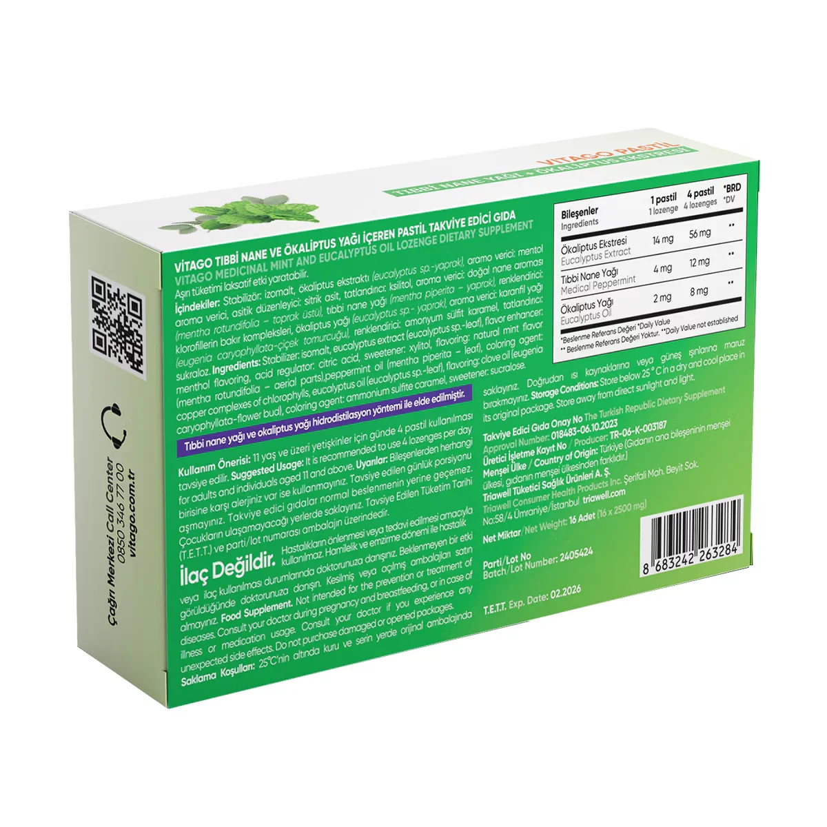 Vitago Pastilles Medical Mint Eucalyptus Oil 16 pcs