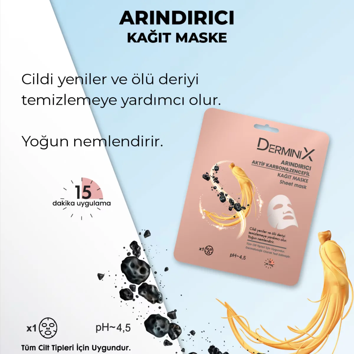 Derminix Kohlenstoff- und Ingwer-Detox-Papiermaske für strahlende Haut