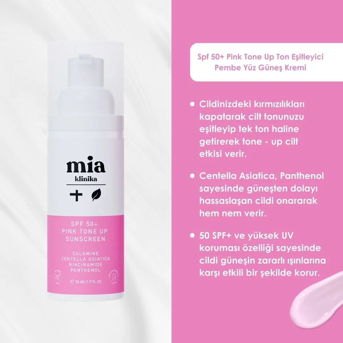 Mia Klinika 50+ Spf Pink Tone Up Tone Equalizing Pink Face Sun Cream 50 ml