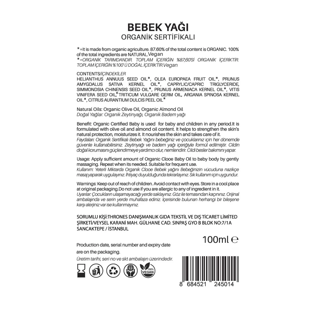 Clooe Bio Babyöl mit Olive und Mandel, 100ml