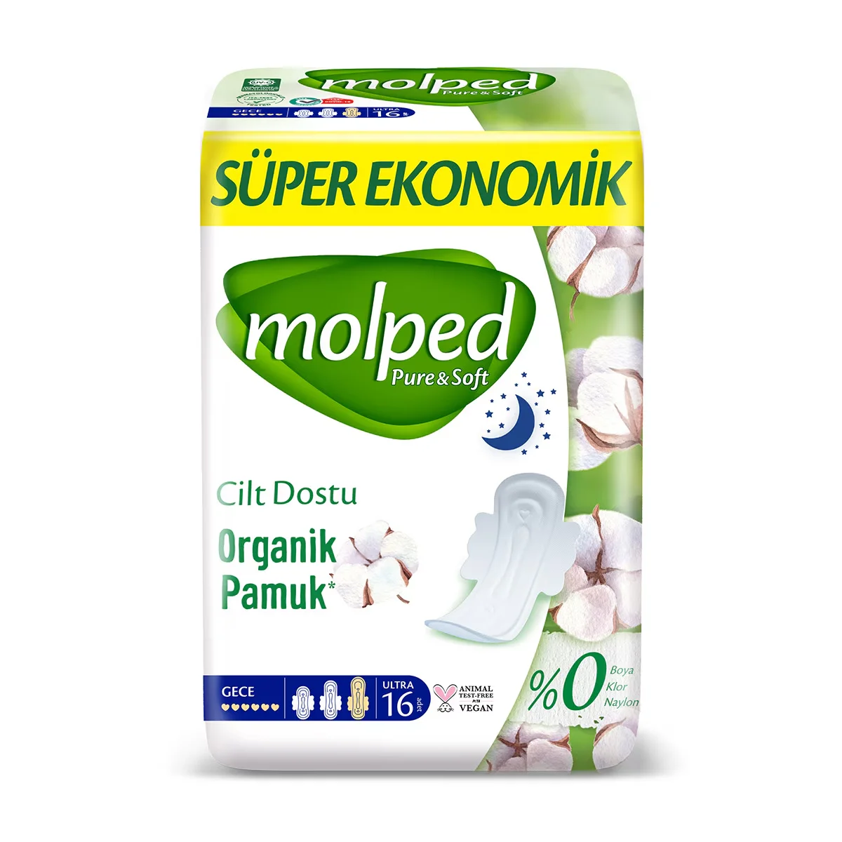 Molped Pure &amp; Soft Bio-Baumwoll-Nachtbinden - 16 Stück