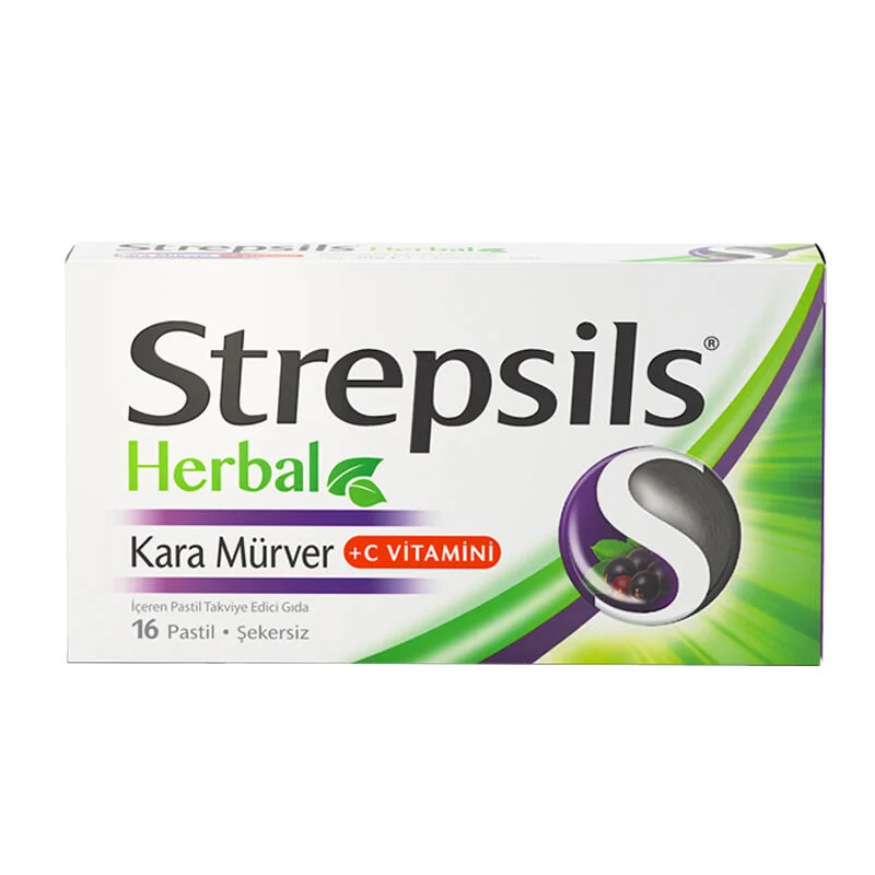 Strepsils ستربسلز، غذاء مكمل بنكهة التوت الأسود العشبي وفيتامين سي، 16 قرصًا