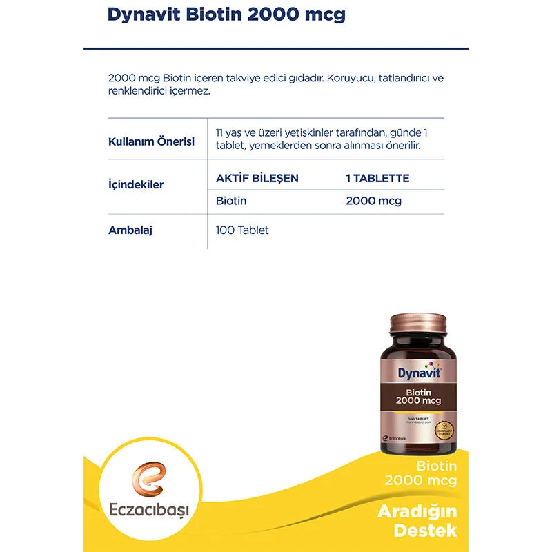 Dynavit Biotin 2000 mcg - Gesunde Haare, Haut &amp; Nägel (100 Tabletten)