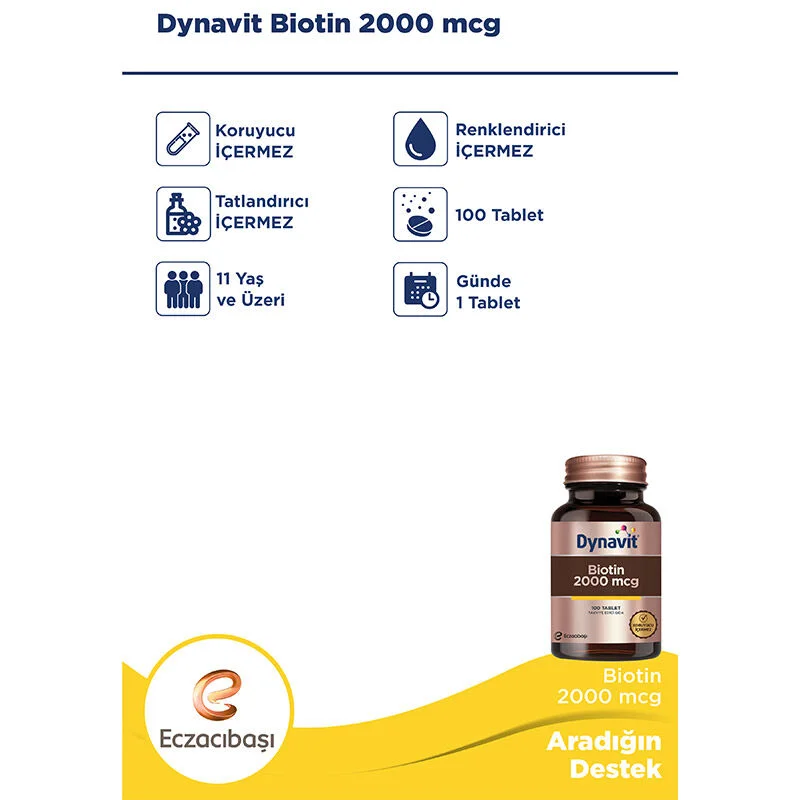 Dynavit Biotin 2000 mcg - Gesunde Haare, Haut &amp; Nägel (100 Tabletten)