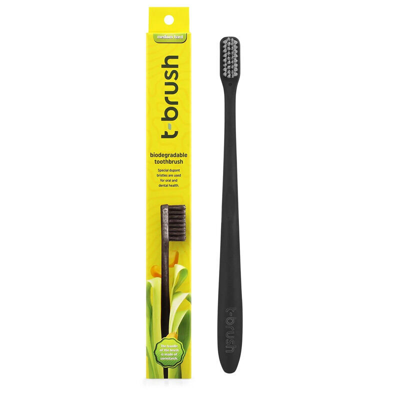 T Brush Biodegradable Toothbrush Medium Hard Black