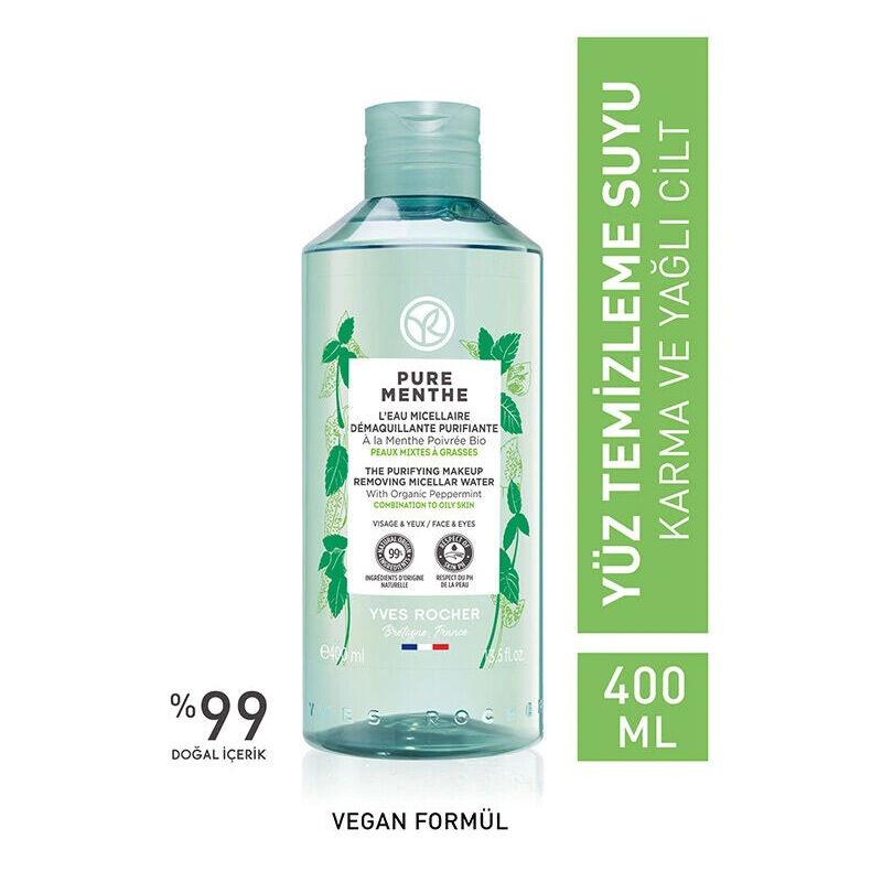 Yves Rocher ماء منقي للوجه ومزيل للمكياج بخلاصة النعناع النقي من إيف روشيه، 400 مل