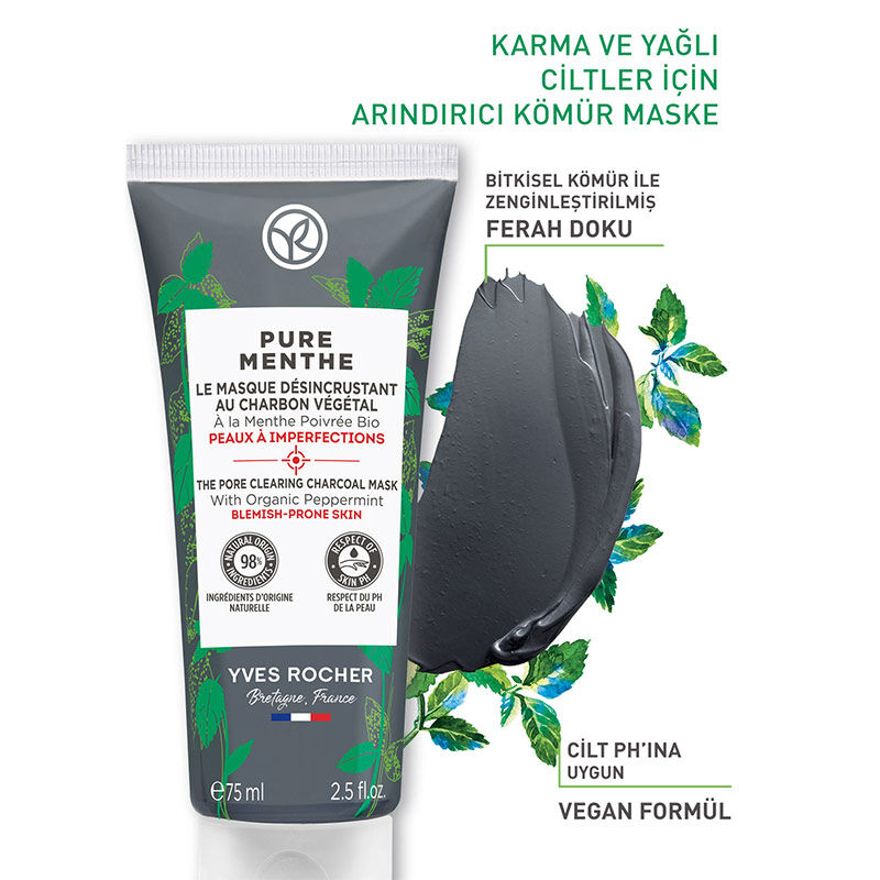 Yves Rocher قناع الفحم المضاد للرؤوس السوداء من إيف روشيه بيور مينث 75 مل